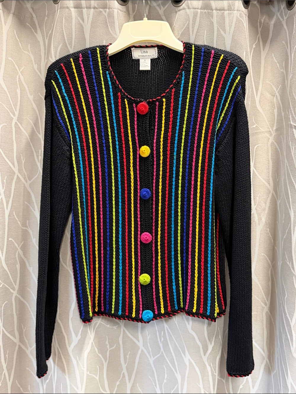 Lisa International Black Cardigan with Bright Rainbow Stripes Ladies Size M